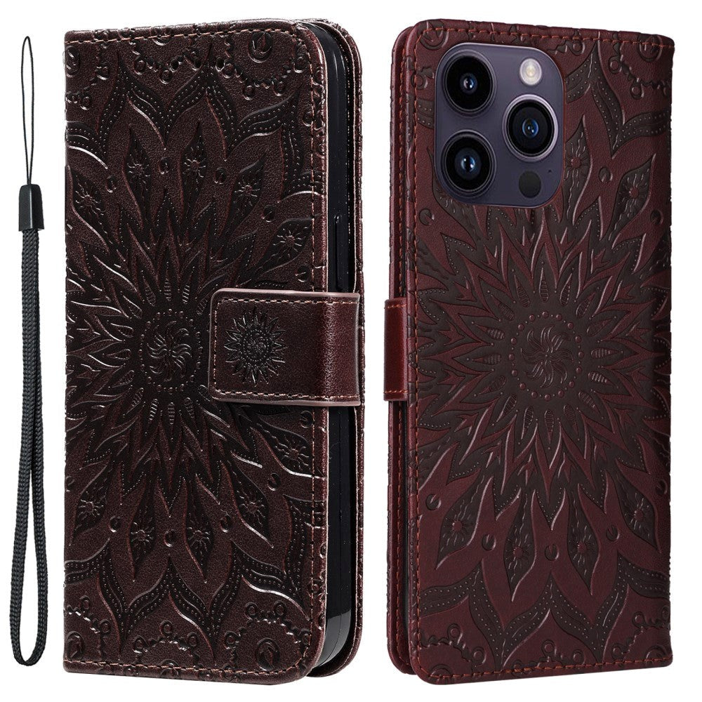 iPhone 15 Pro Max Læder Mobil Cover m. Pung og Strop - Mandala Blomst - Brun