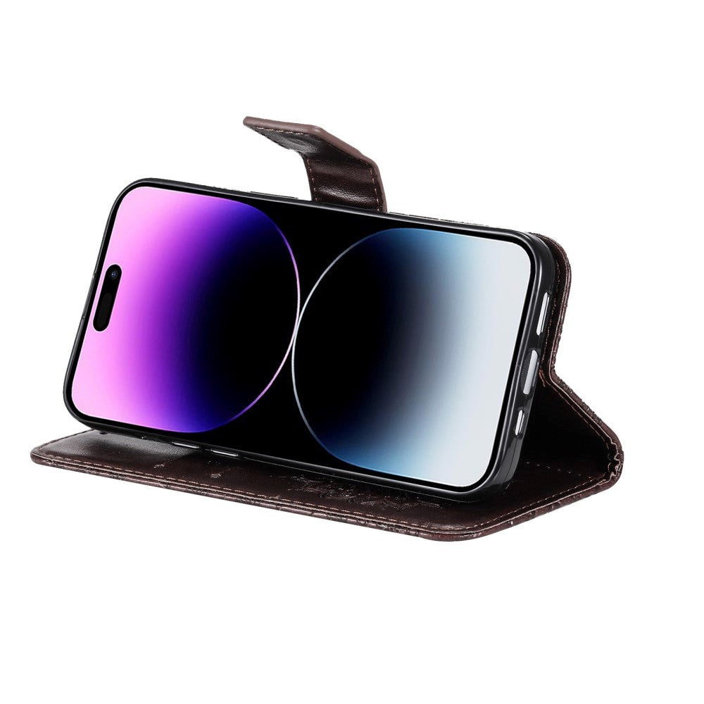 iPhone 15 Pro Max Læder Mobil Cover m. Pung og Strop - Mandala Blomst - Brun