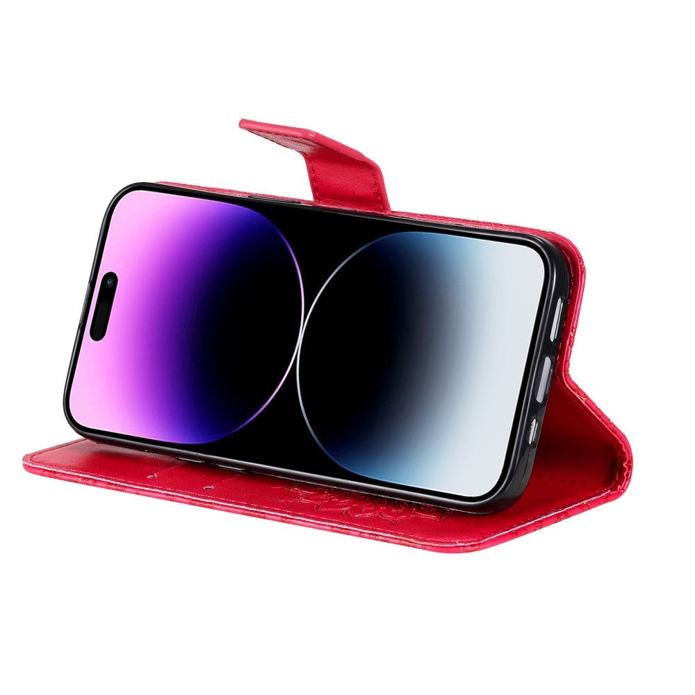 iPhone 15 Pro Max Læder Mobil Cover m. Pung og Strop - Mandala Blomst - Rød