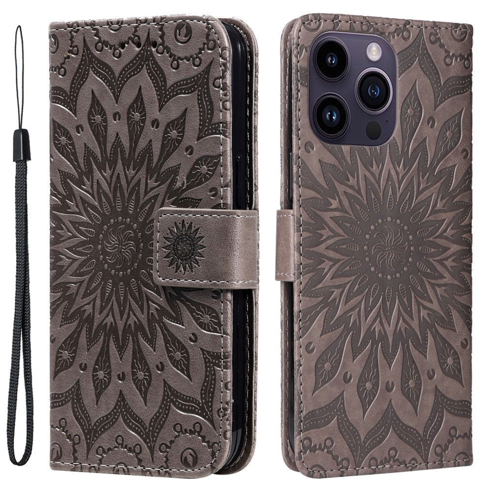 iPhone 15 Pro Max Læder Mobil Cover m. Pung og Strop - Mandala Blomst - Grå