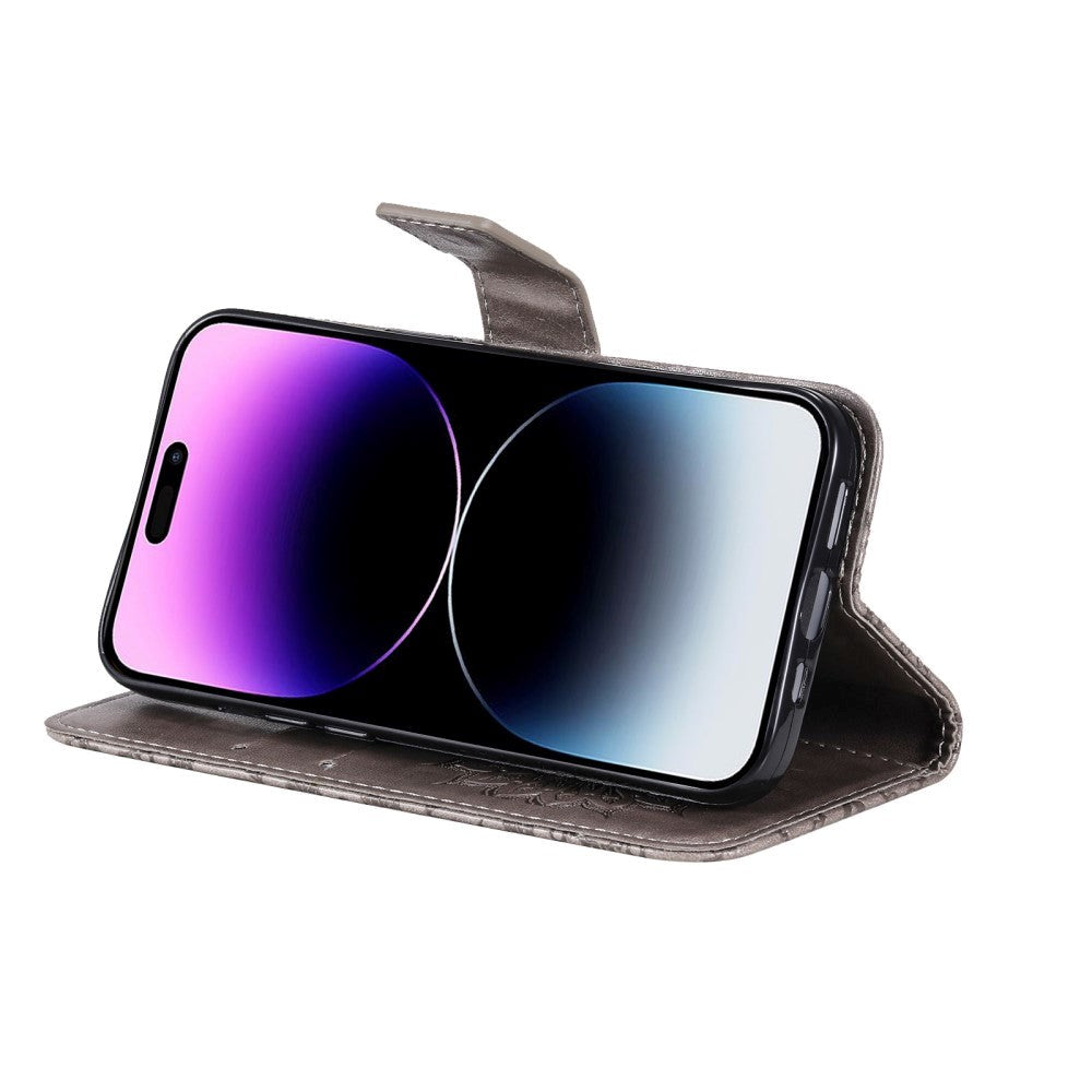 iPhone 15 Pro Max Læder Mobil Cover m. Pung og Strop - Mandala Blomst - Grå