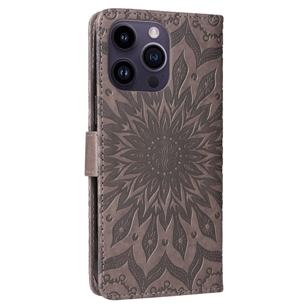 iPhone 15 Pro Max Læder Mobil Cover m. Pung og Strop - Mandala Blomst - Grå