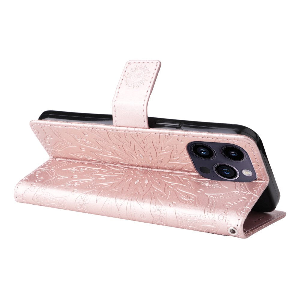 iPhone 15 Pro Max Læder Mobil Cover m. Pung og Strop - Mandala Blomst - Rose Gold