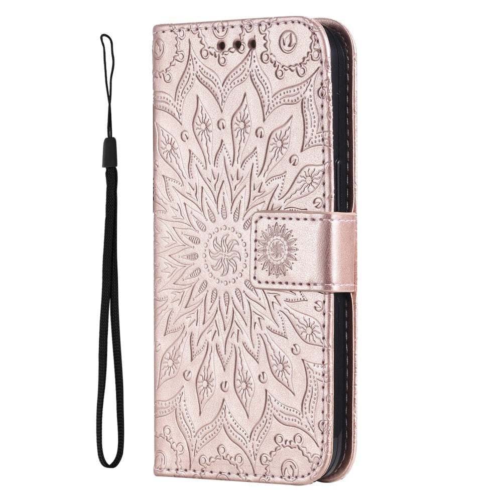 iPhone 15 Pro Max Læder Mobil Cover m. Pung og Strop - Mandala Blomst - Rose Gold
