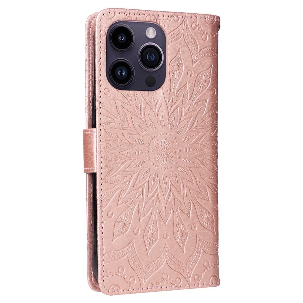 iPhone 15 Pro Max Læder Mobil Cover m. Pung og Strop - Mandala Blomst - Rose Gold