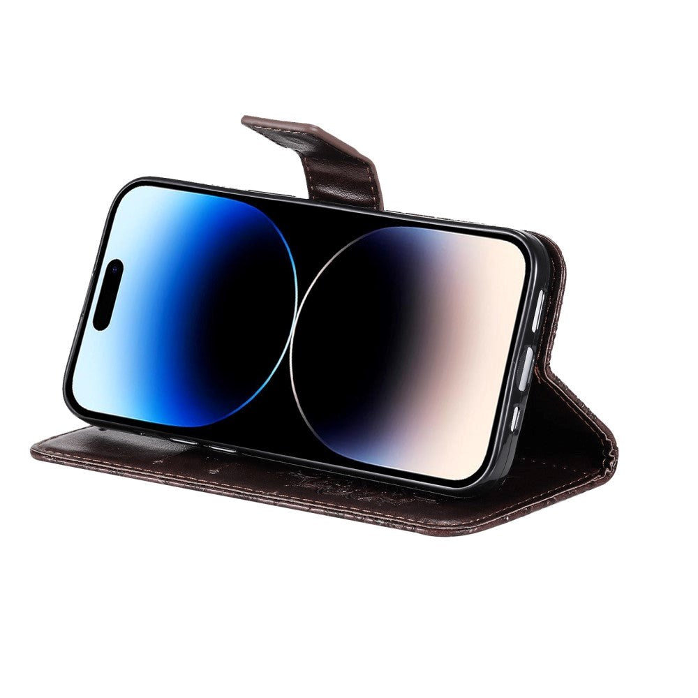 iPhone 15 Pro Læder Mobil Cover m. Pung og Strop - Mandala Blomst - Mørkebrun