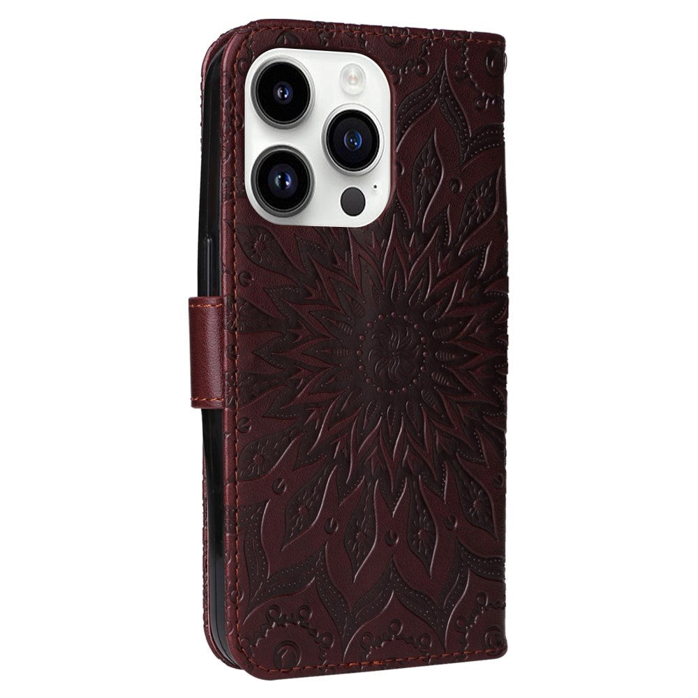 iPhone 15 Pro Læder Mobil Cover m. Pung og Strop - Mandala Blomst - Mørkebrun