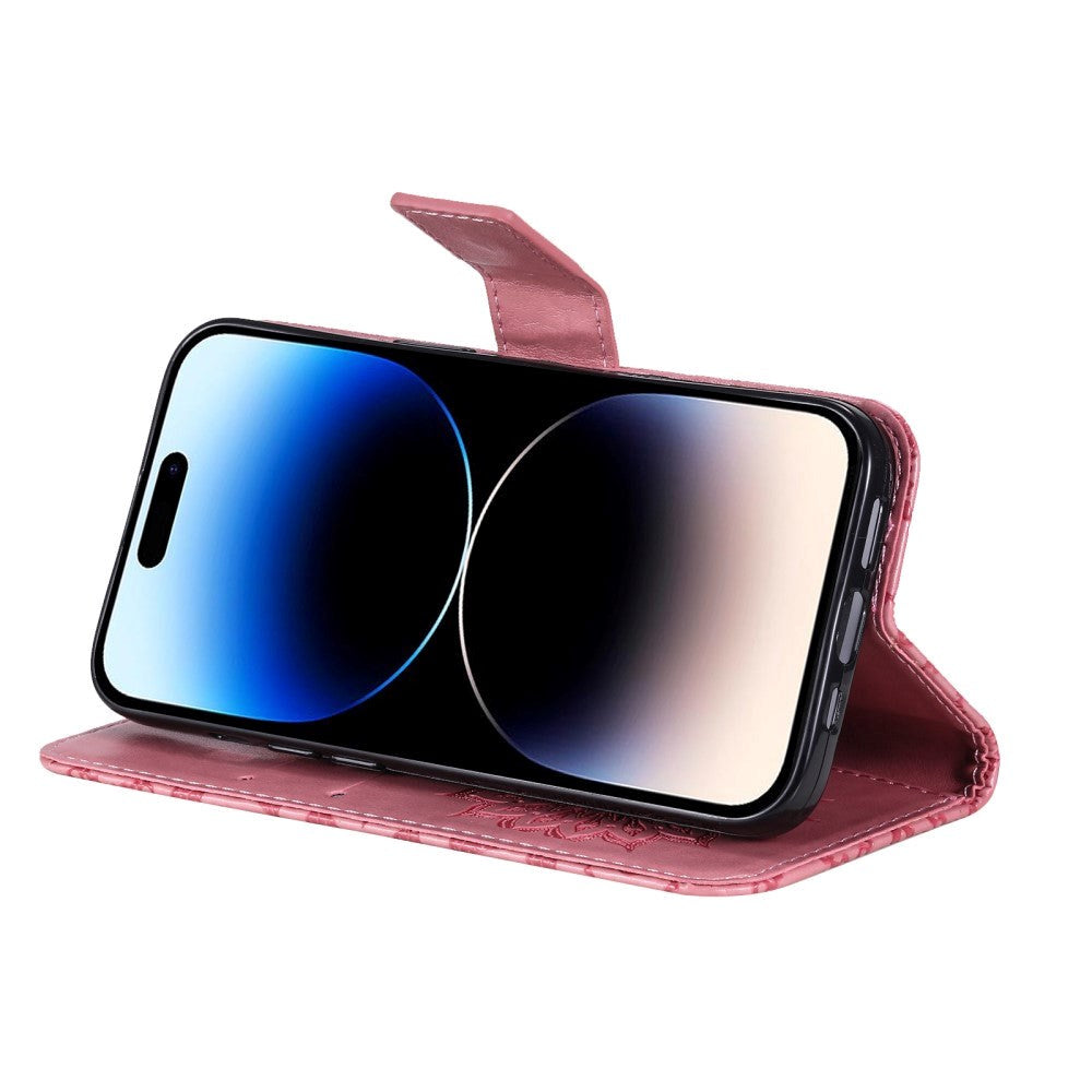 iPhone 15 Pro Læder Flip Mobil m. Pung og Strop - Mandala Blomst - Lyserød