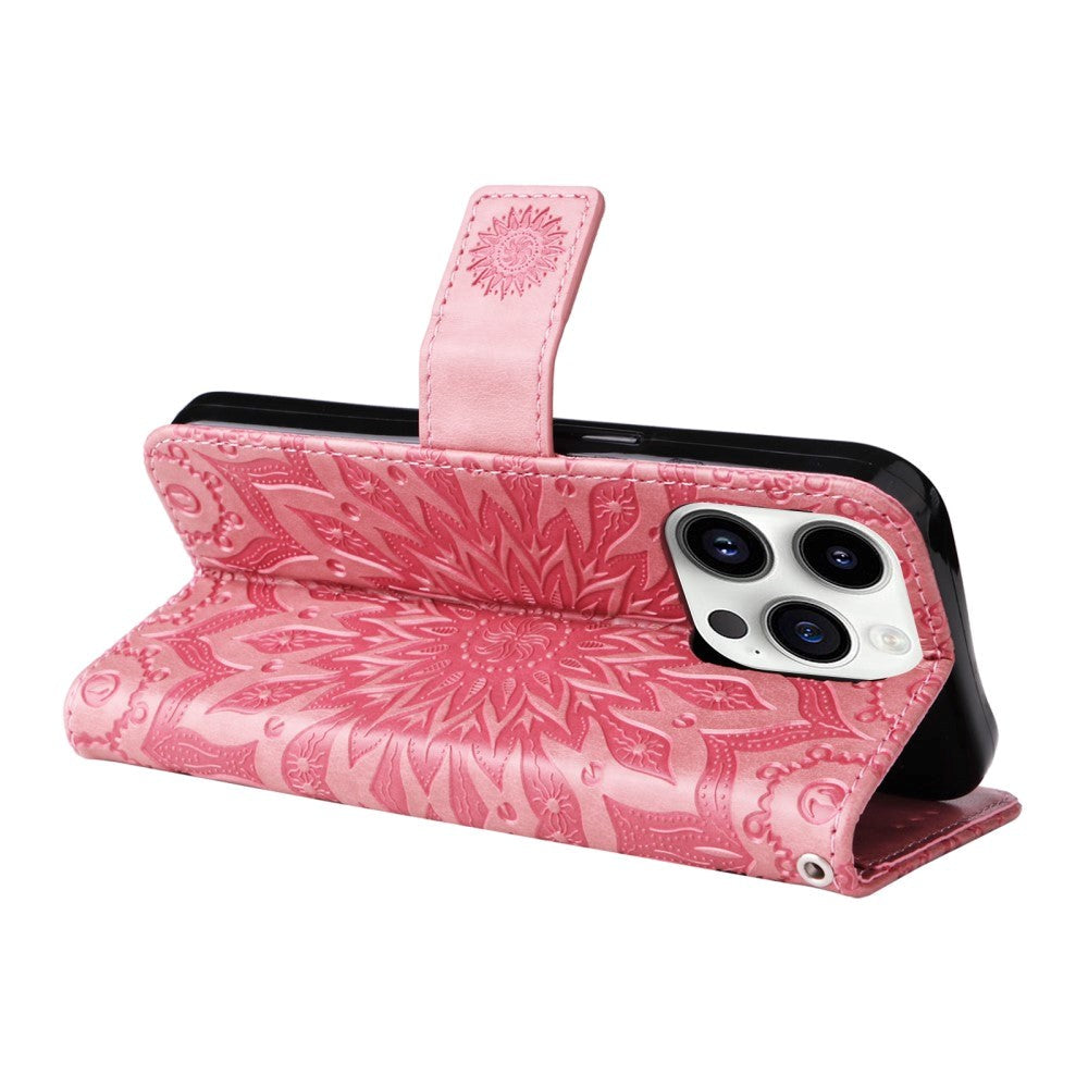 iPhone 15 Pro Læder Flip Mobil m. Pung og Strop - Mandala Blomst - Lyserød
