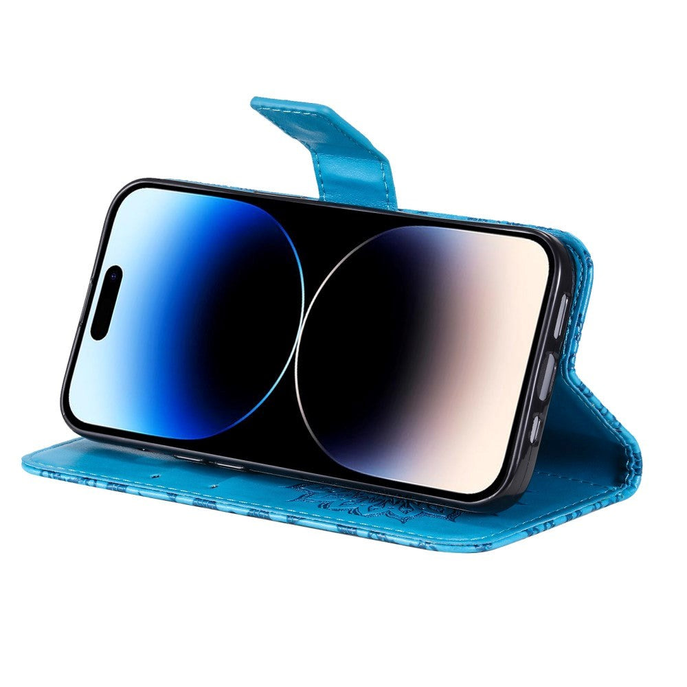 iPhone 15 Pro Læder Mobil Cover m. Pung og Strop - Mandala Blomst - Blå