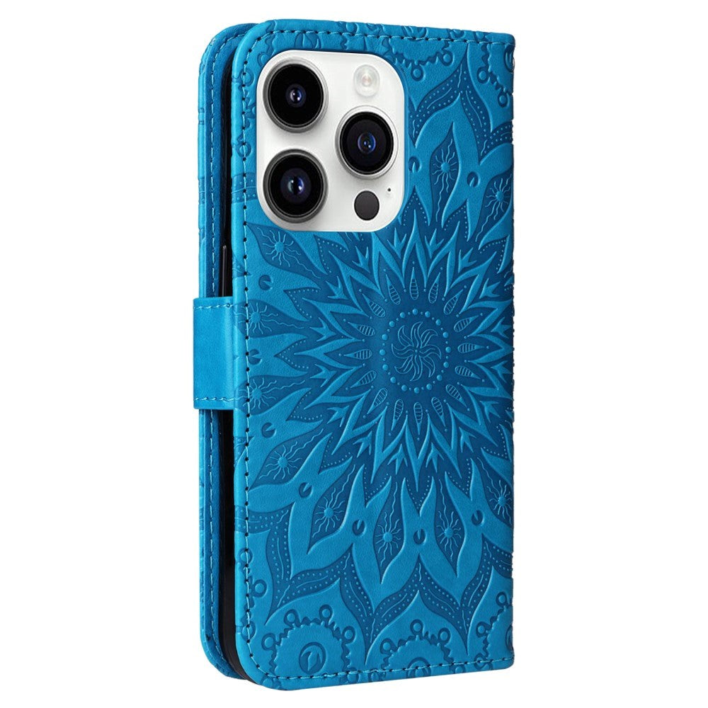 iPhone 15 Pro Læder Mobil Cover m. Pung og Strop - Mandala Blomst - Blå