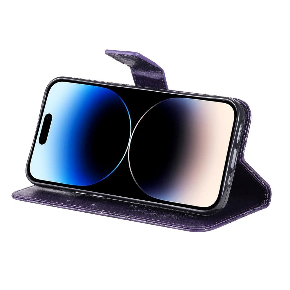 iPhone 15 Pro Læder Flip Mobil m. Pung og Strop - Mandala Blomst - Lilla