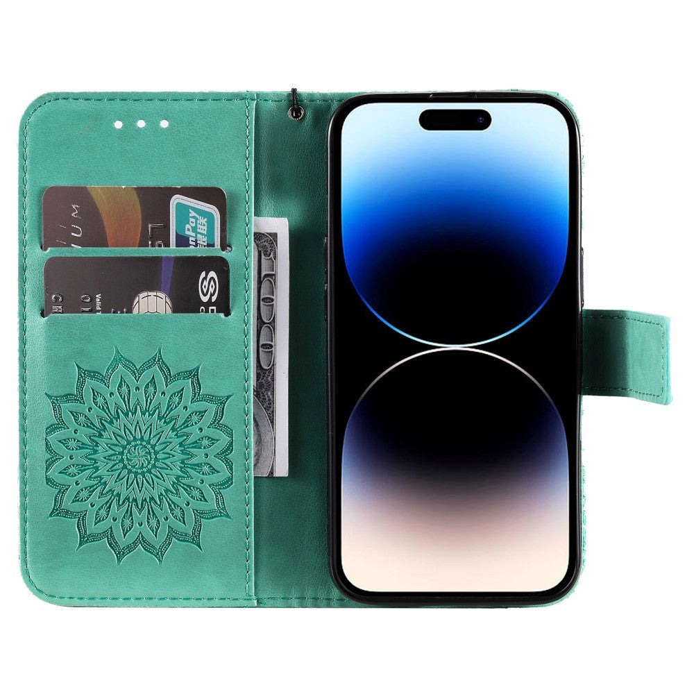 iPhone 15 Pro Læder Mobil Cover m. Pung og Strop - Mandala Blomst - Grøn