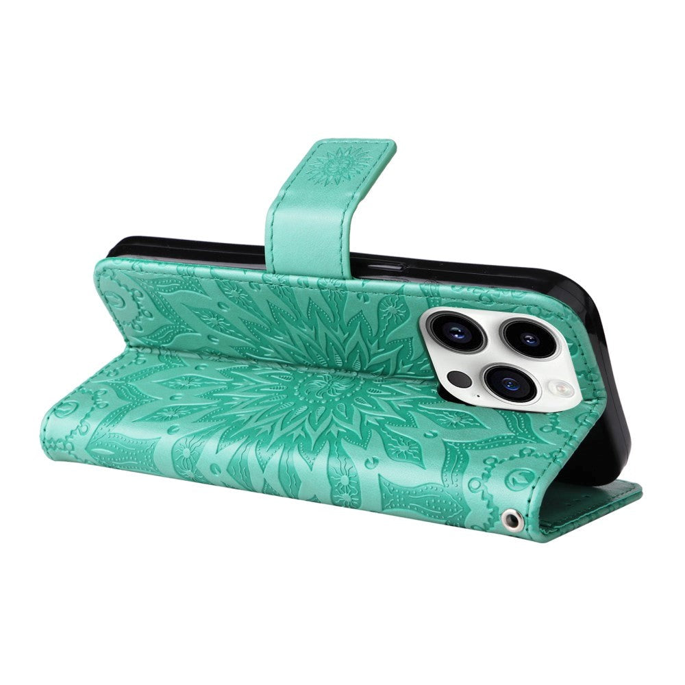 iPhone 15 Pro Læder Mobil Cover m. Pung og Strop - Mandala Blomst - Grøn