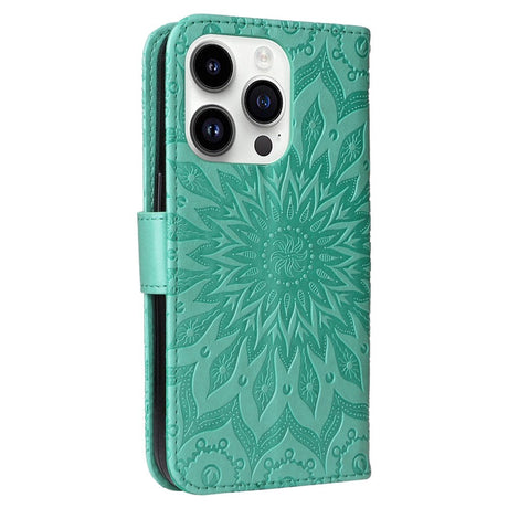 iPhone 15 Pro Læder Mobil Cover m. Pung og Strop - Mandala Blomst - Grøn