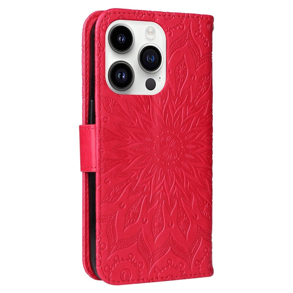 iPhone 15 Pro Læder Mobil Cover m. Pung og Strop - Mandala Blomst - Rød