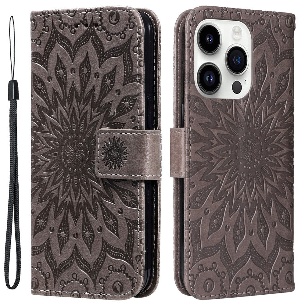 iPhone 15 Pro Læder Mobil Cover m. Pung og Strop - Mandala Blomst - Brun