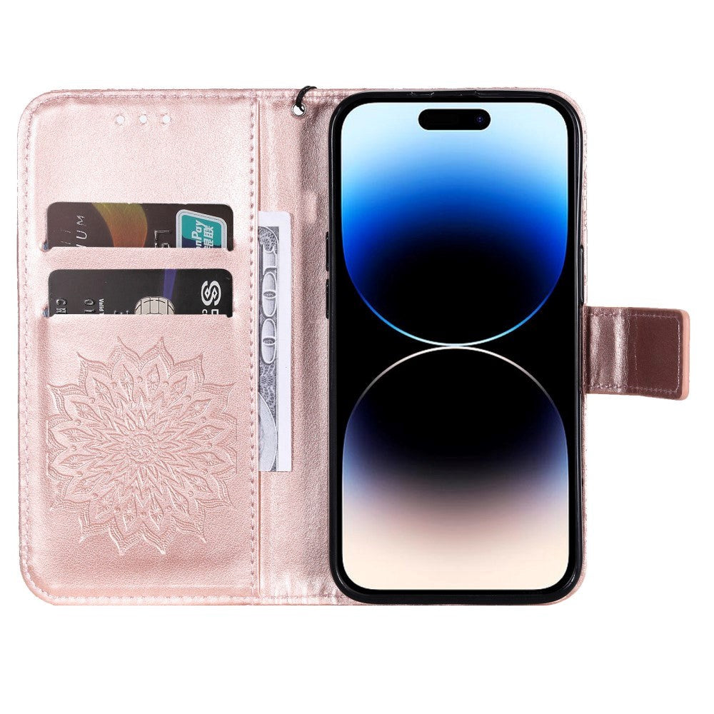 iPhone 15 Pro Læder Mobil Cover m. Pung og Strop - Mandala Blomst - Rose Gold