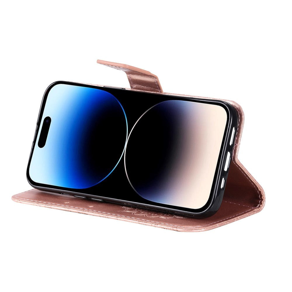 iPhone 15 Pro Læder Mobil Cover m. Pung og Strop - Mandala Blomst - Rose Gold