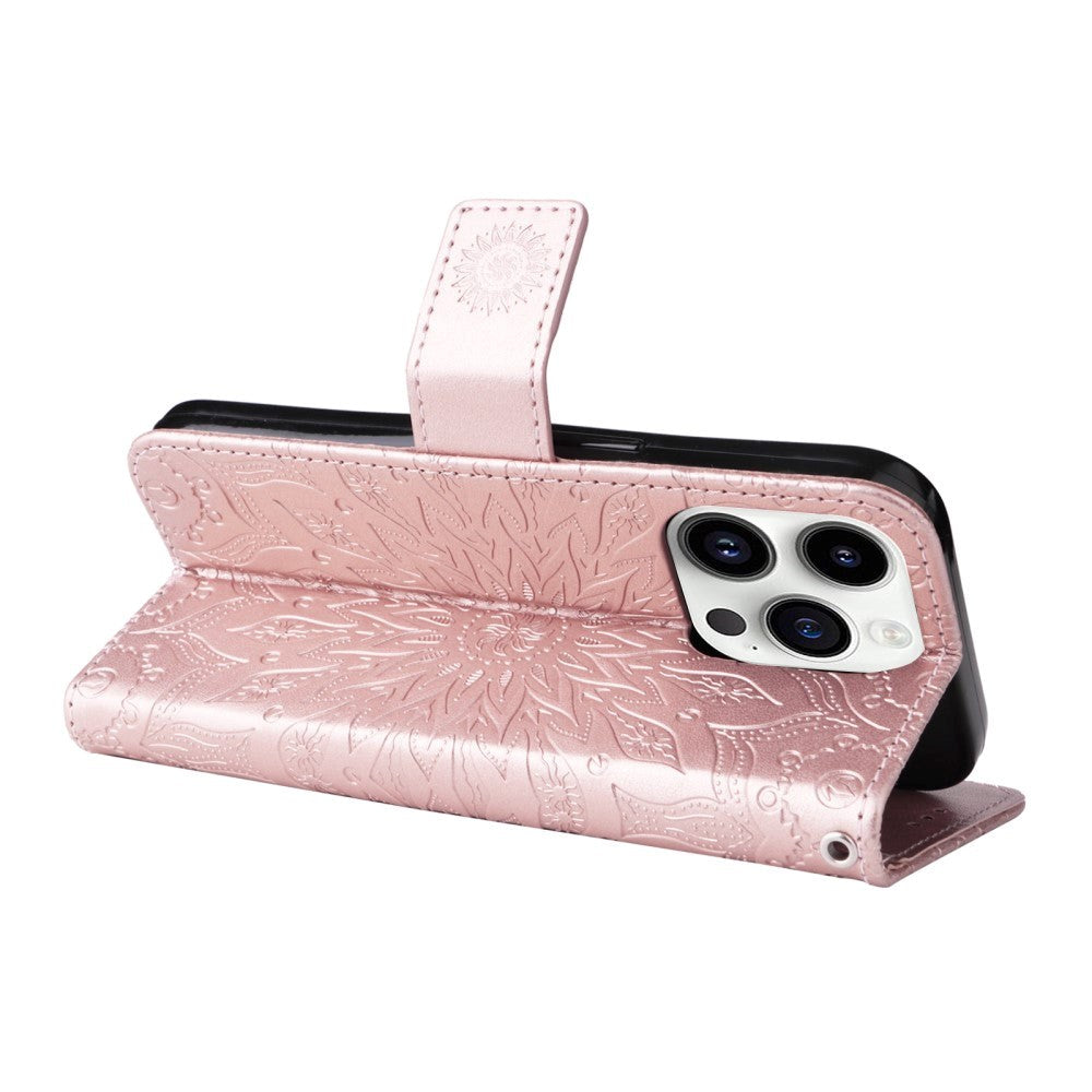 iPhone 15 Pro Læder Mobil Cover m. Pung og Strop - Mandala Blomst - Rose Gold