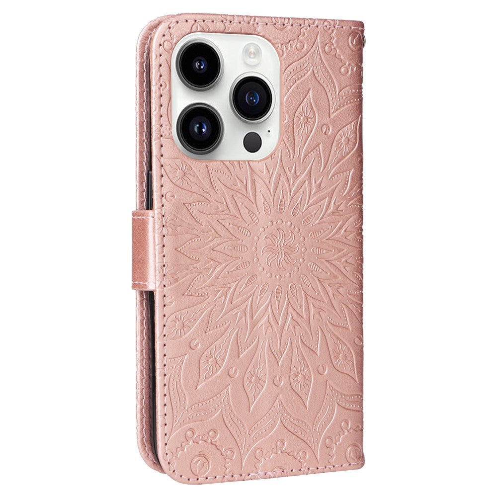 iPhone 15 Pro Læder Mobil Cover m. Pung og Strop - Mandala Blomst - Rose Gold