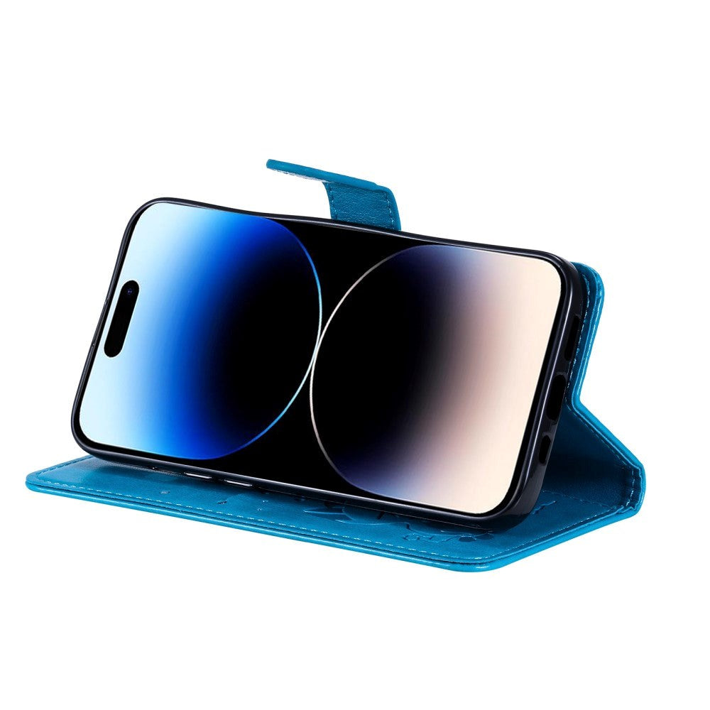 iPhone 15 Pro Læder Mobil Cover m. Pung & Strop - Kat Indgravering - Blå