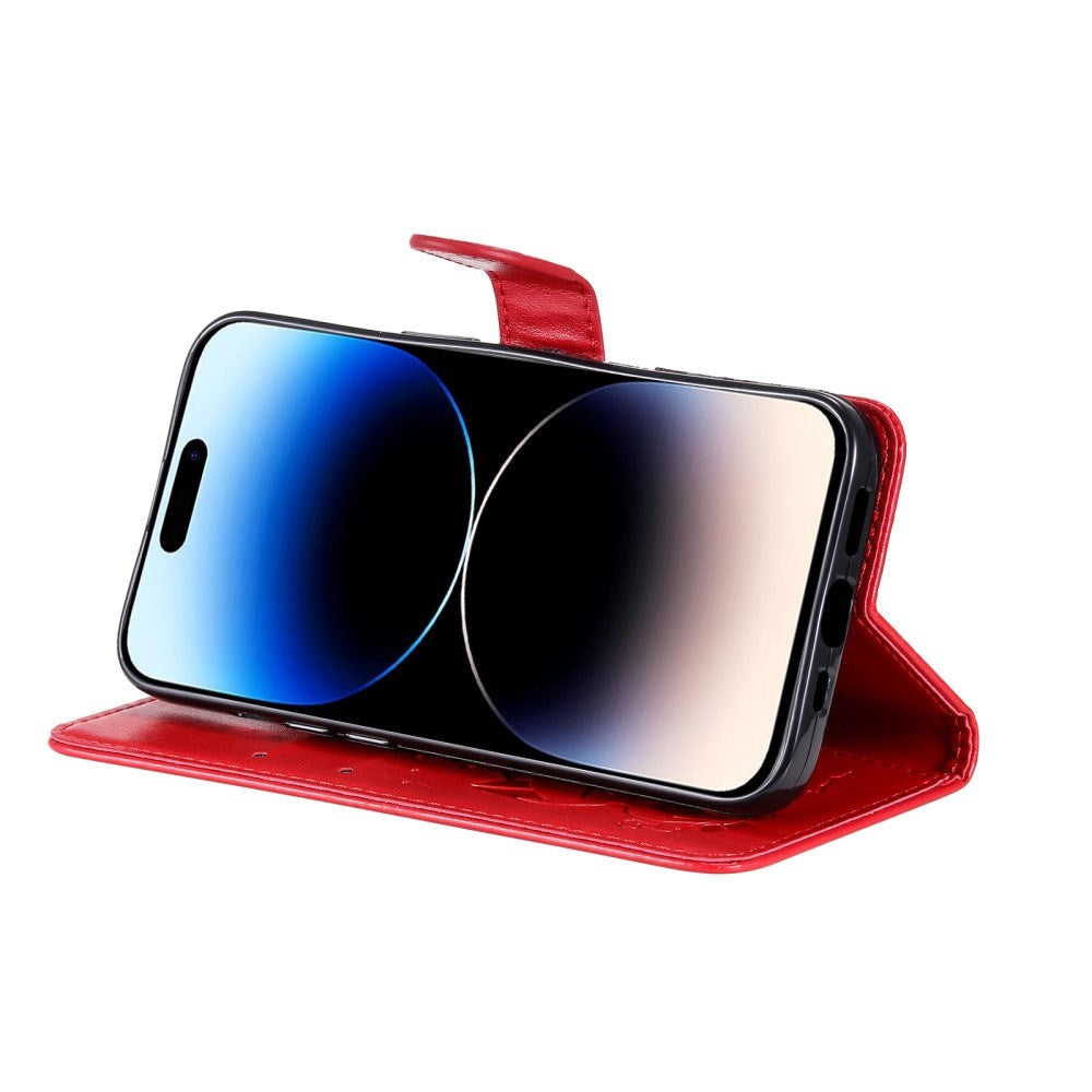 iPhone 15 Pro Læder Mobil Cover m. Pung & Strop - Kat Indgravering - Rød