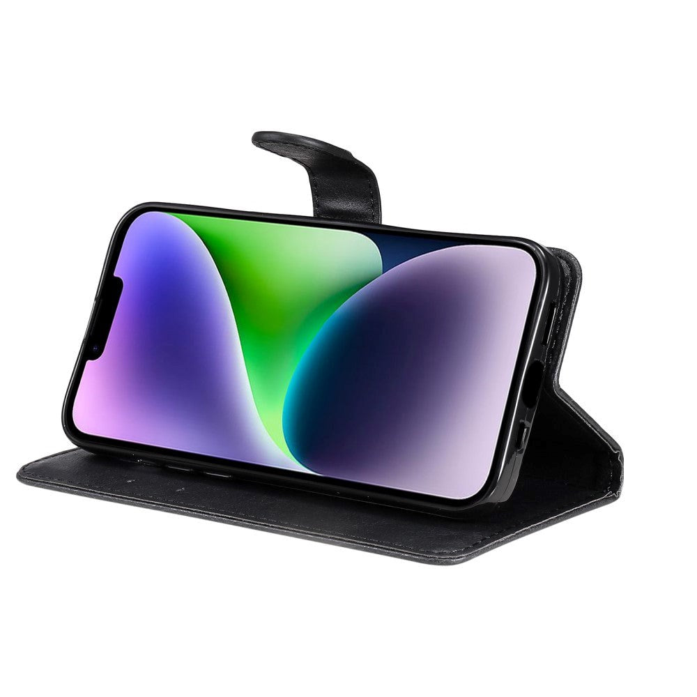 iPhone 15 Plus Læder Mobil Cover m. Pung og Strop - Sort