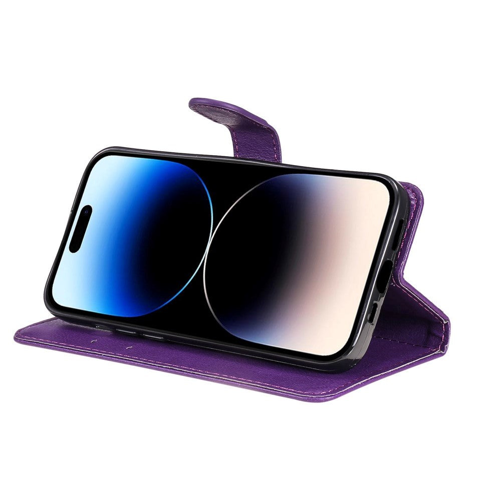 iPhone 15 Pro Læder Mobil Cover m. Strop og Pung - Lilla