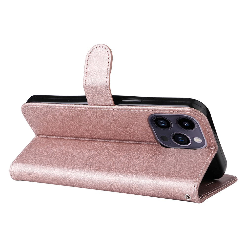 iPhone 15 Pro Max Læder Mobil Cover m. Pung og Strop - Rose Gold