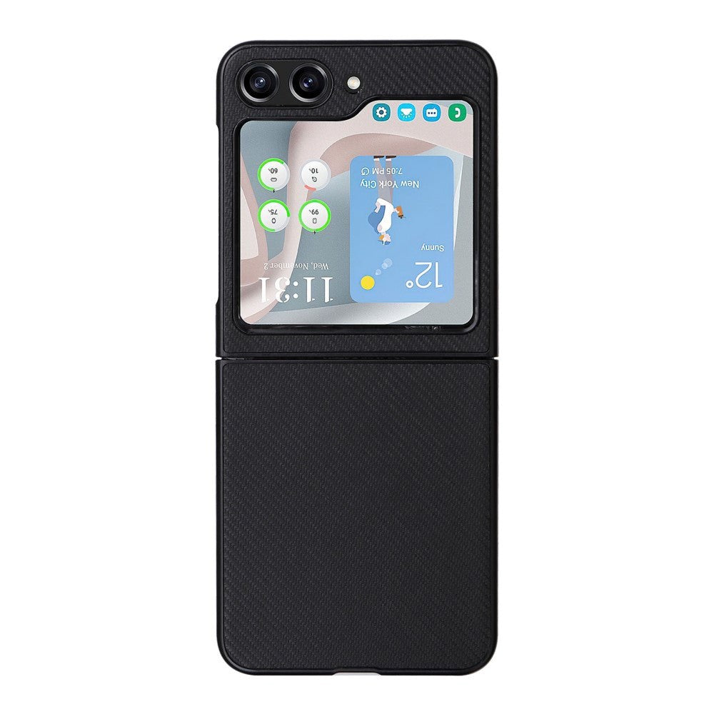 Samsung Galaxy Z Flip5 (5G) Læderbetrukket Plastik Mobil Cover - Sort Carbon
