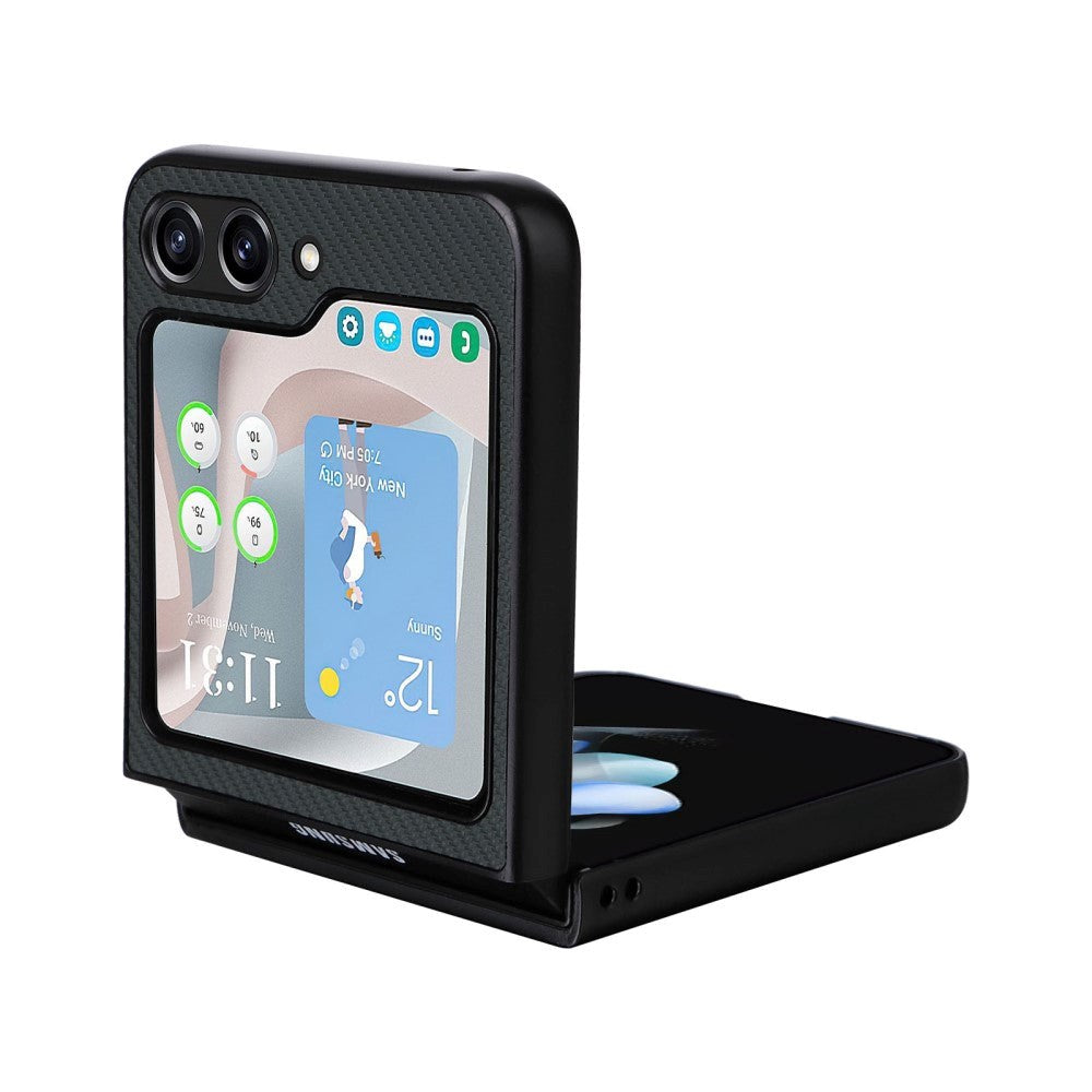 Samsung Galaxy Z Flip5 (5G) Læderbetrukket Plastik Mobil Cover - Sort Carbon