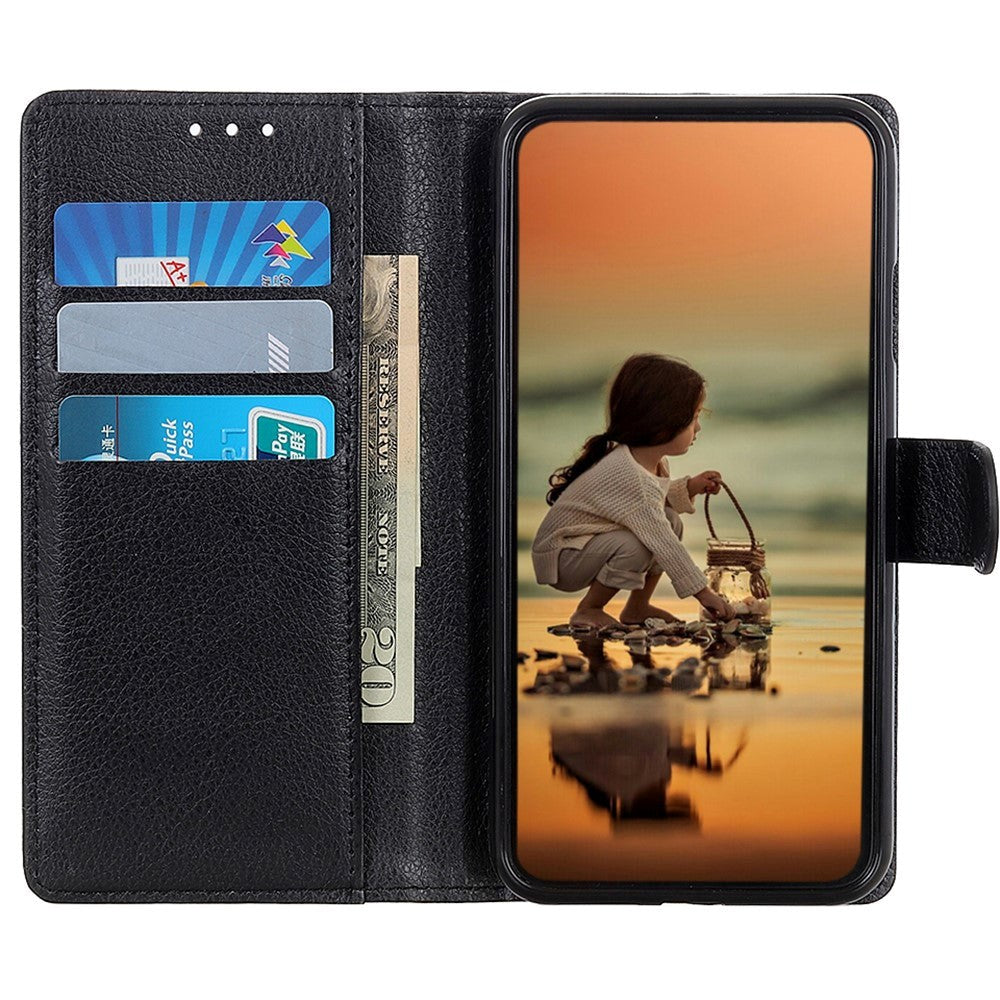 iPhone 15 Plus Litchi Læder Mobil Cover m. Pung - Sort