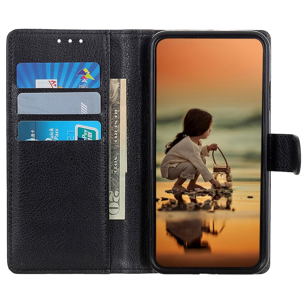 iPhone 15 Litchi Læder Mobil Cover m. Pung - Sort