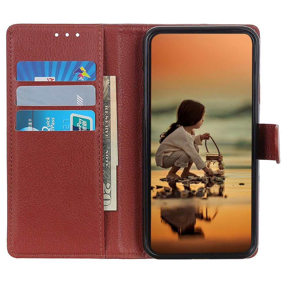 iPhone 15 Litchi Læder Mobil Cover m. Pung - Brun