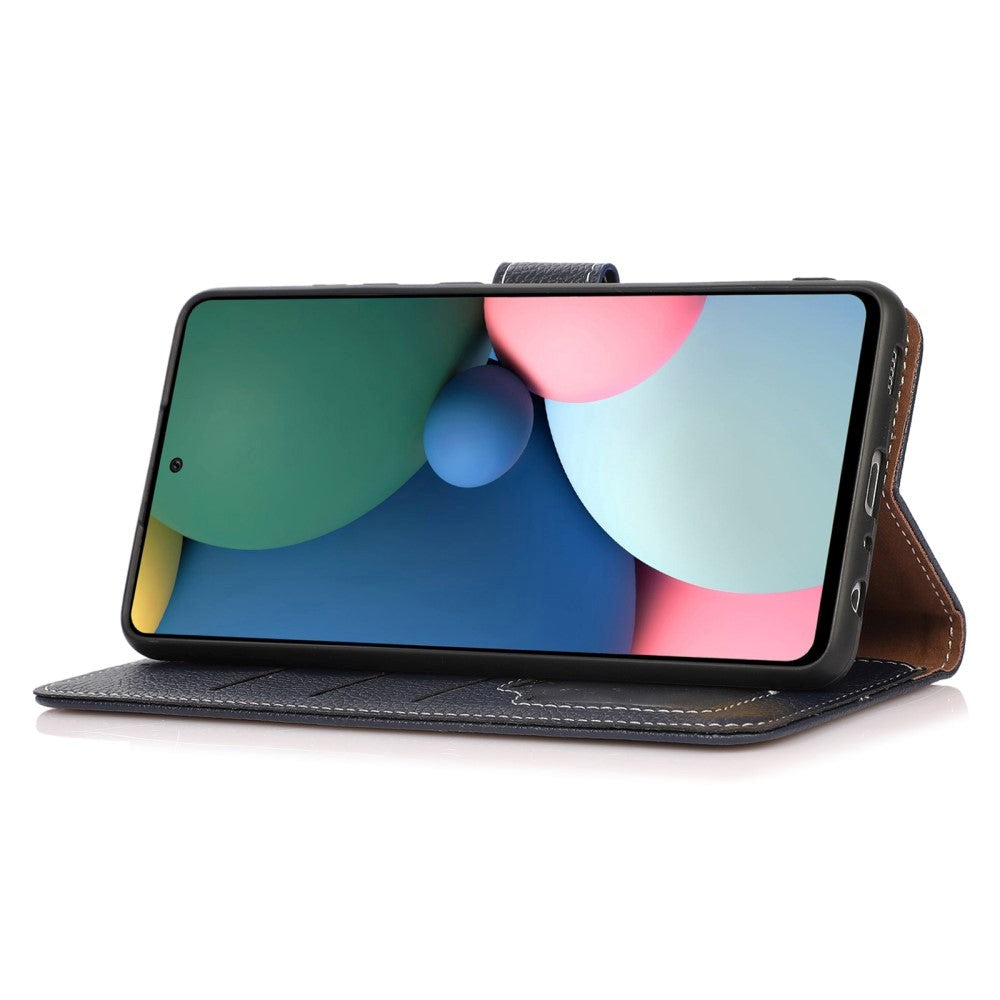 iPhone 15 Pro Litchi Læder Mobil Cover m. Hvide Sting og Pung - Mørkeblå