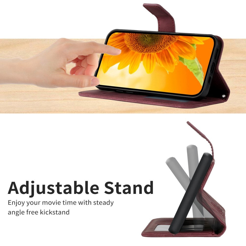 iPhone 15 Pro Læder Mobil Cover m. Pung & Strop - Solsikke Indgravering - Vinrød