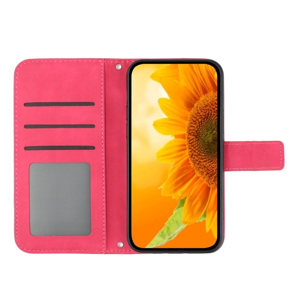 iPhone 15 Læder Mobil Cover m. Pung & Strop - Solsikke Indgravering - Pink
