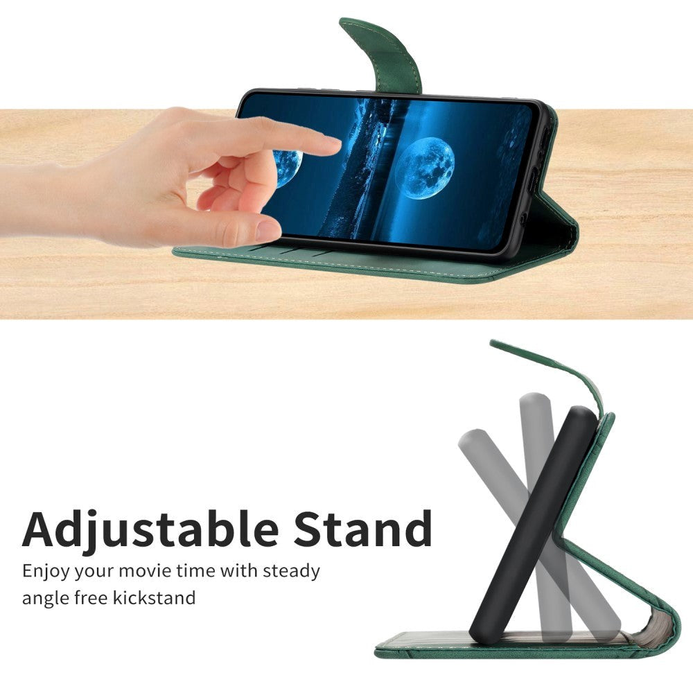 iPhone 15 Pro Max Læder Mobil Cover m. Pung & Strop - Line Mønster - Grøn