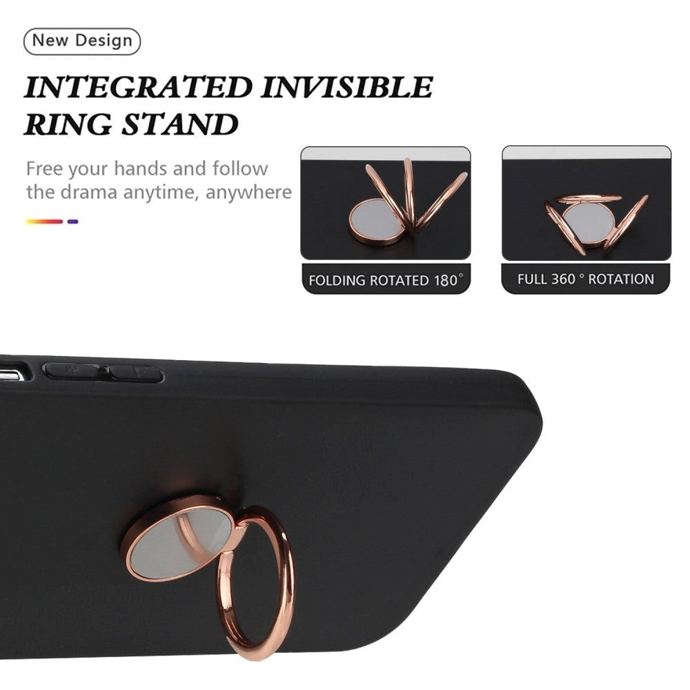 iPhone 15 Fleksibelt Plastik Mobil Cover m. Magnetisk Ring Kickstand - Sort m. Rose Gold Ring