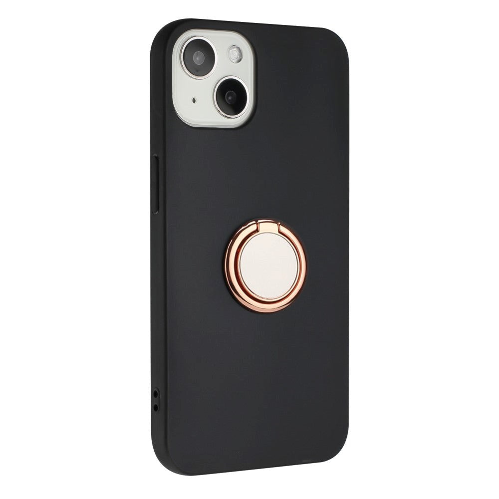 iPhone 15 Plus Fleksibelt Plastik Mobil Cover m. Magnetisk Ring Kickstand - Sort m. Rose Gold Ring