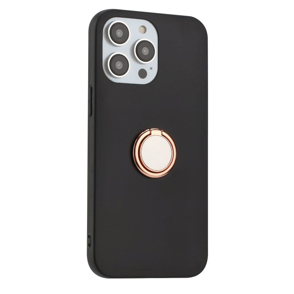 iPhone 15 Pro Max Fleksibelt Plastik Mobil Cover m. Magnetisk Ring Kickstand - Sort m. Rose Gold Ring