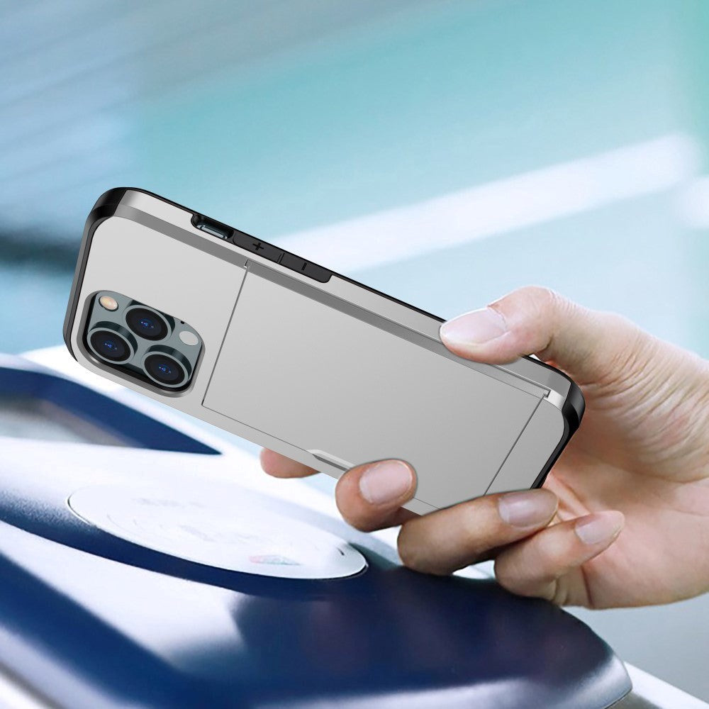 iPhone 15 Pro Hybrid Plastik Håndværker Cover m. Kortholder - Grå