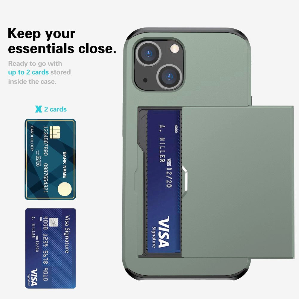 iPhone 15 Hybrid Plastik Håndværker Cover m. Kortholder - Army Grøn