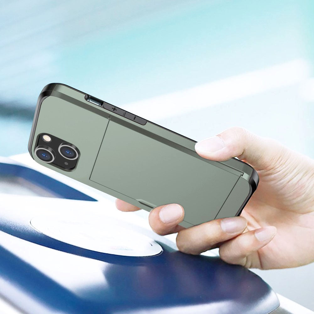 iPhone 15 Hybrid Plastik Håndværker Cover m. Kortholder - Army Grøn