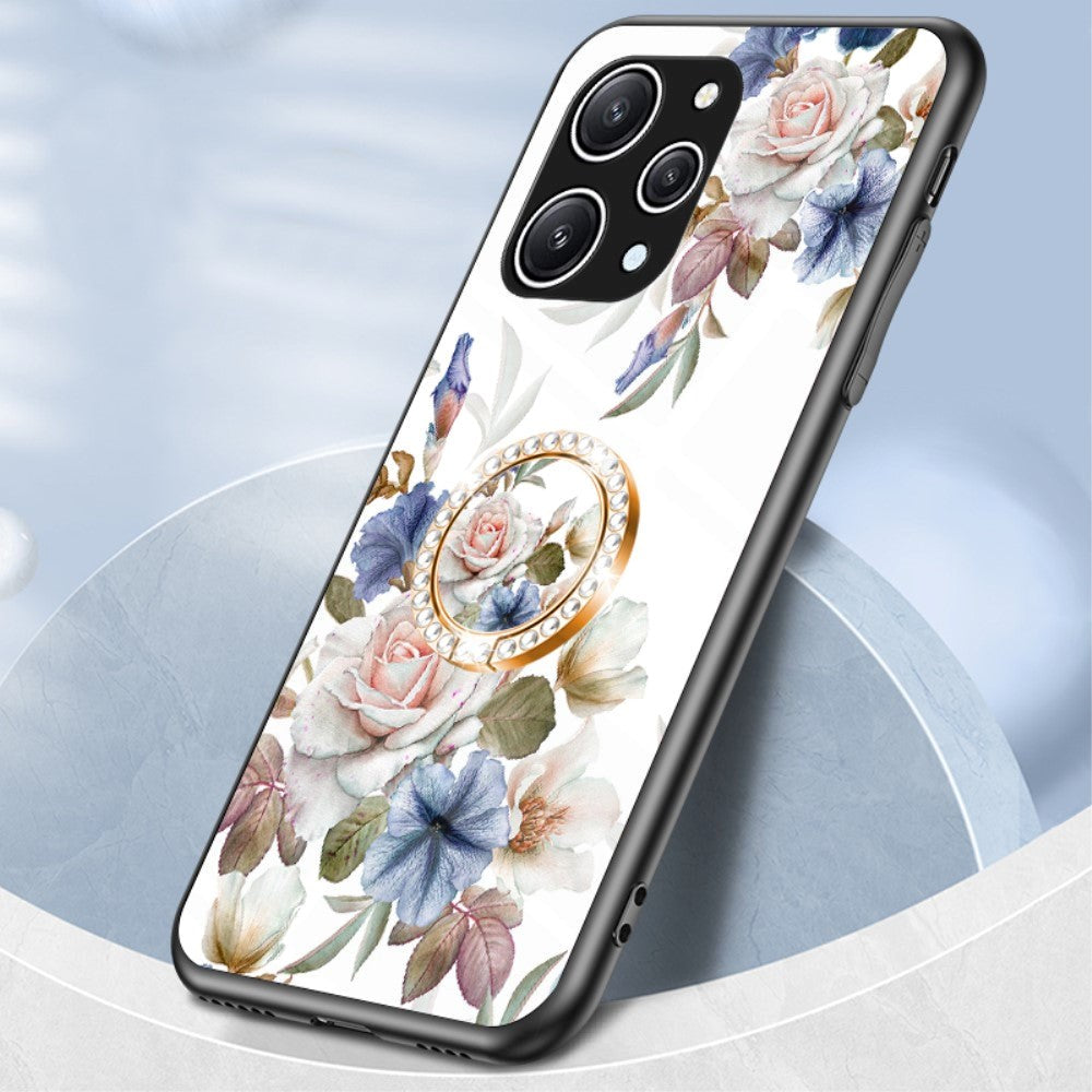 Xiaomi Redmi 12 (4G) Plastik Mobil Cover m. Glasbagside & Fingerring - Blomster Print - Hvid