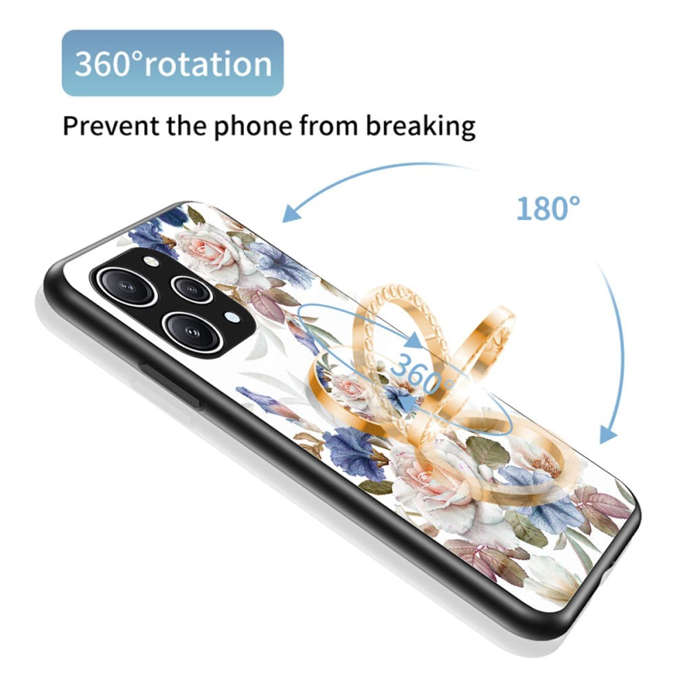 Xiaomi Redmi 12 (4G) Plastik Mobil Cover m. Glasbagside & Fingerring - Blomster Print - Hvid