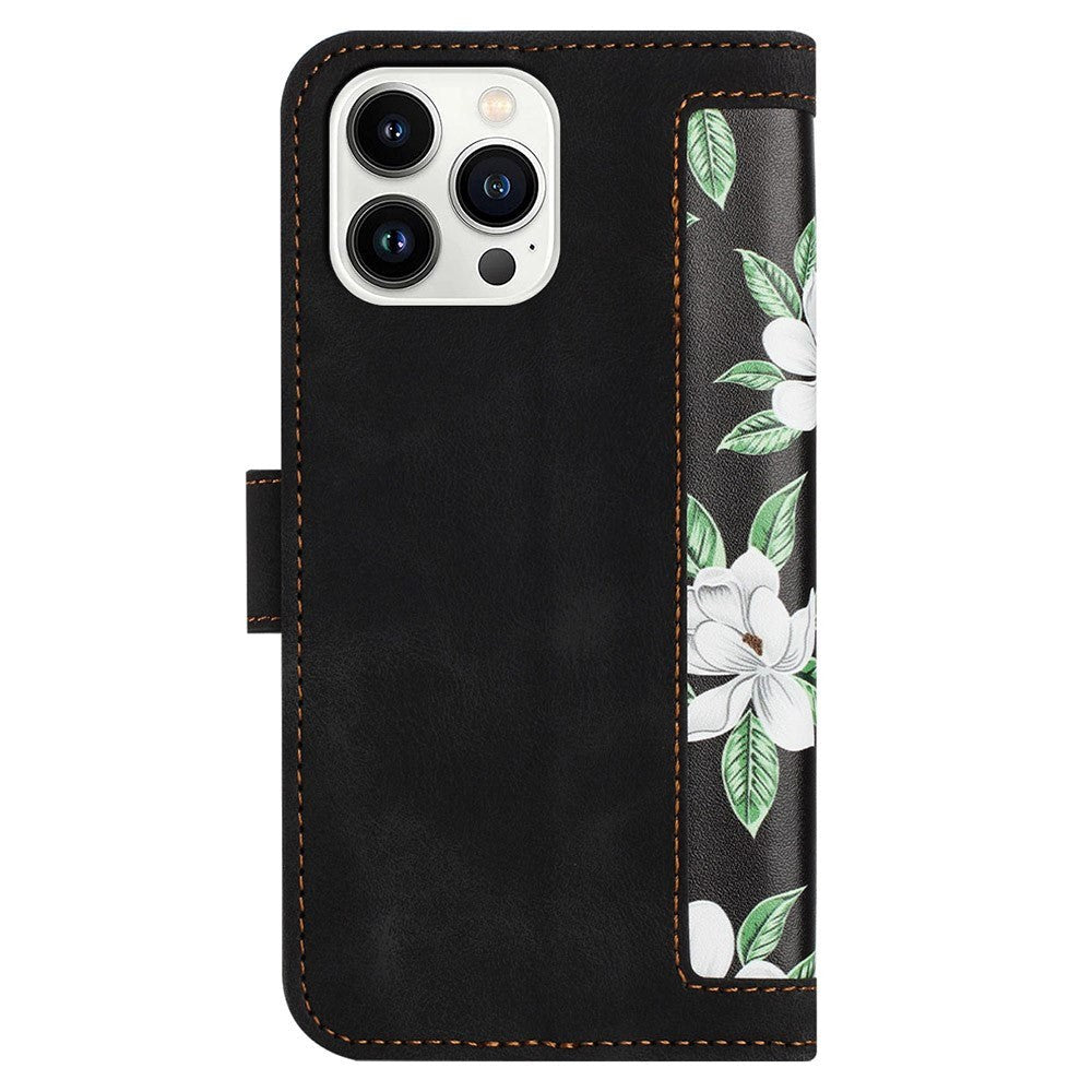 iPhone 15 Plus Læder Mobil Cover m. Pung & Strop - Sort m. Blomster