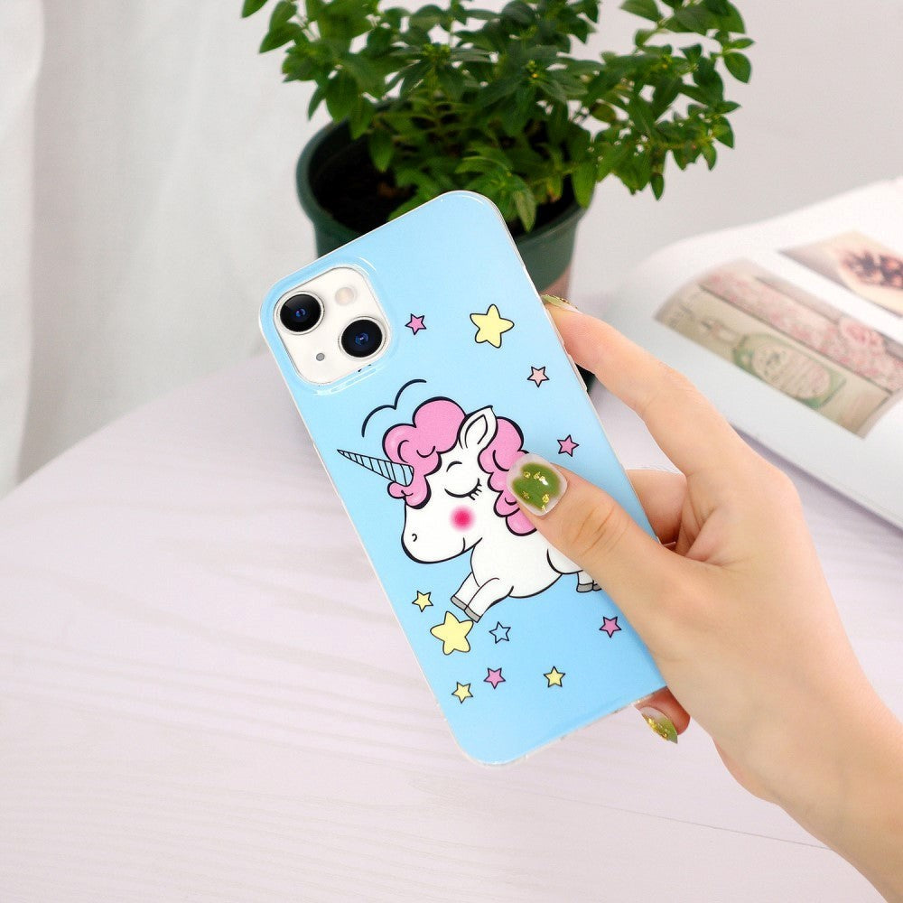 iPhone 15 Selvlysende Fleksibel Mobil Cover af Plastik m. Print - Enhjørning