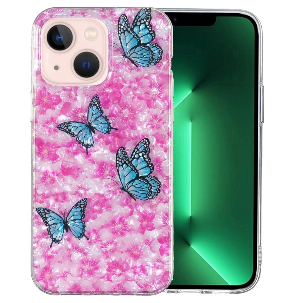 iPhone 15 Fleksibel Plastik Mobil Cover - Lyserød m. Blomster og Sommerfugle